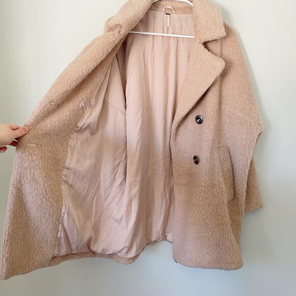 Free People Tan Camel Wool Blend Pockets Mid Length Warm Lined Jacket Top Coat - Picture 6 of 7